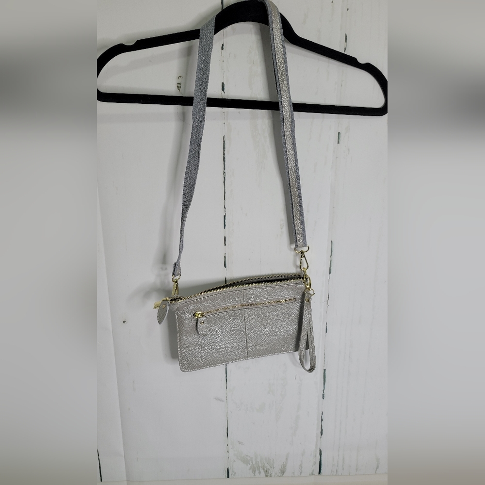 SILVER Genuine Leather Crossbody Purse